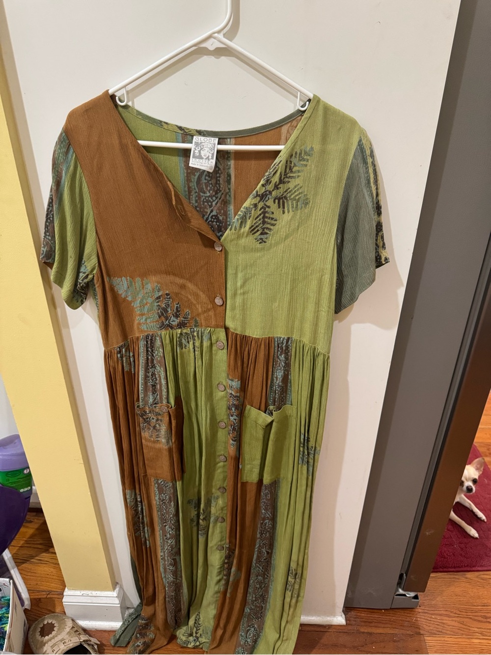 Button-Front Patchwork Maxi Dress in Olive & Brown